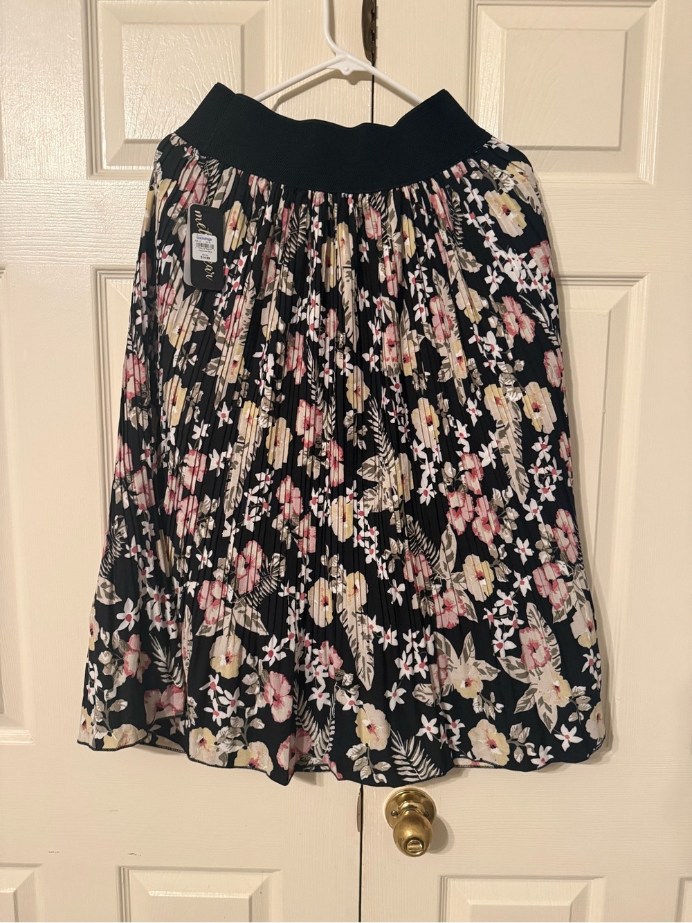 Metro Wear Black Pleated Midi Skirt with Pink & Cream Floral Print